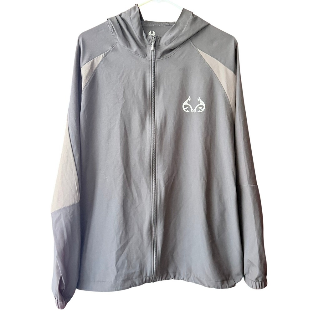 Realtree Fishing Mens Large Black Gray Full Zip Hooded‎ Windbreaker Jacket